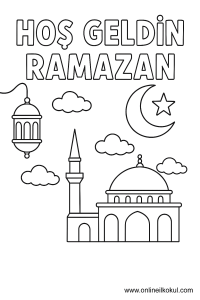 Hoş geldin ramazan fener, cami, minare, hilal, yıldız boyama çalışması